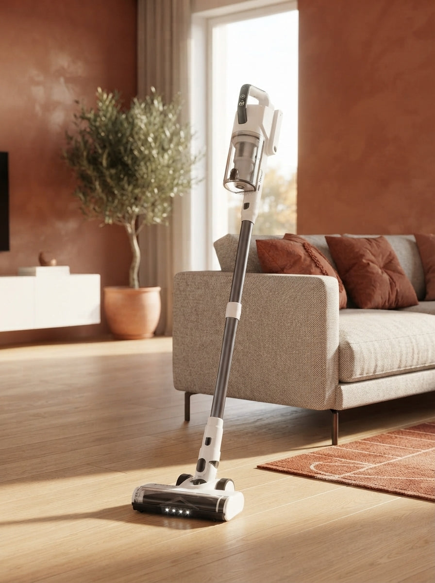 Cordless vacuum cleaner standing upright in a modern living room with terracotta and burnt sienna decor elements.